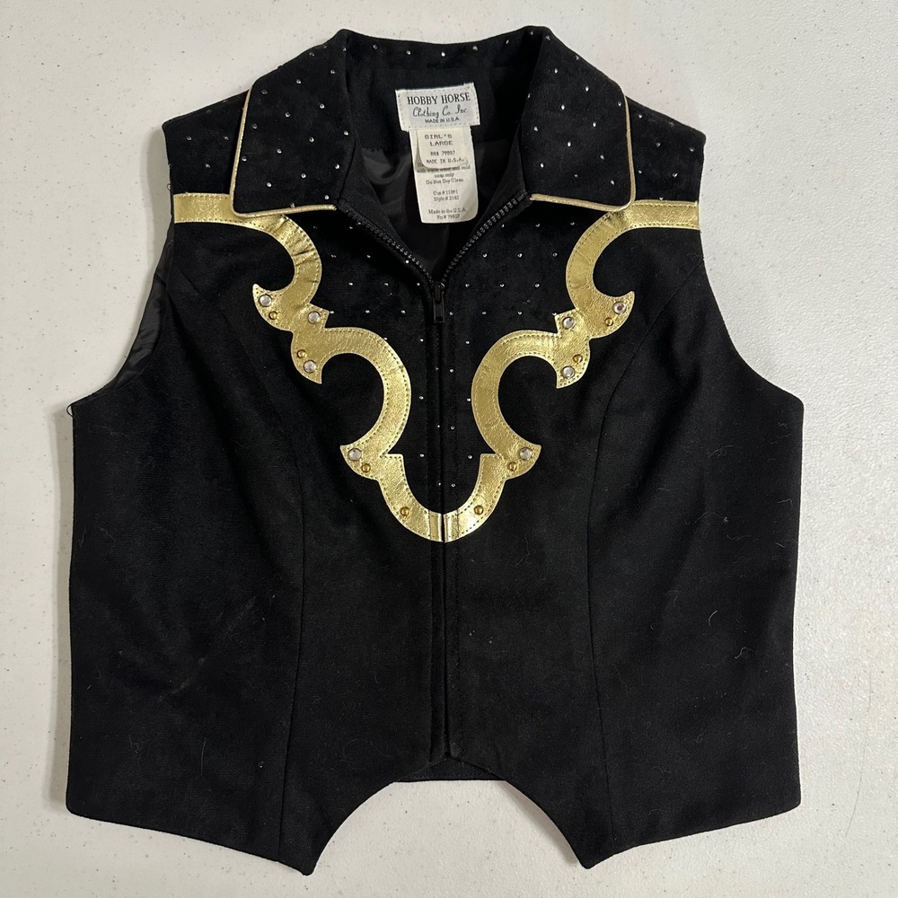 Hobby Horse VTG Western Show Vest Gold Applique Rhinestone Studded Black Girl L